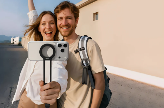 Couple taking selfie with smartphone Ulanzi grip accessory using phone accessories for mobile photography and shooting stadium photos or outdoor travel scenes.