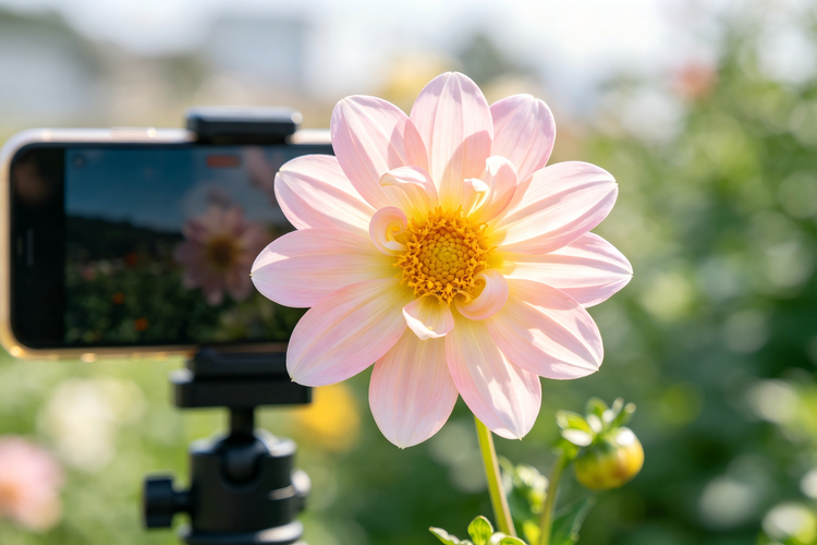 a close-up of a vibrant pink dahlia flower in bloom, captured on a camera mounted on a tripod.