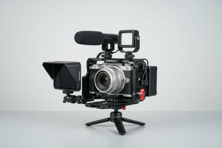 A modular camera mounting system with quick release plates, cage, monitor, mic, and light arranged for scalable use