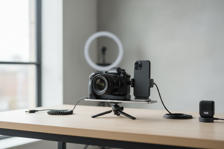 Hybrid phone and mirrorless camera rig with a centered quick-release base shown as a clean editorial hero setup
