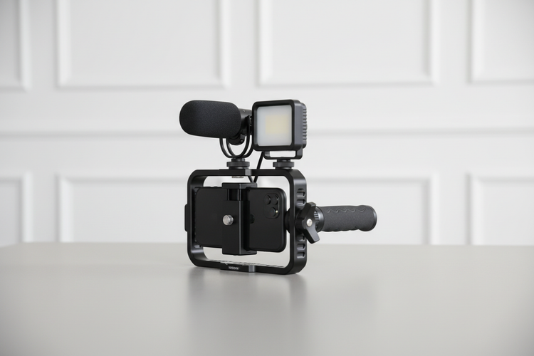 Compact smartphone video rig with a handle, microphone, and small light set up for handheld filming