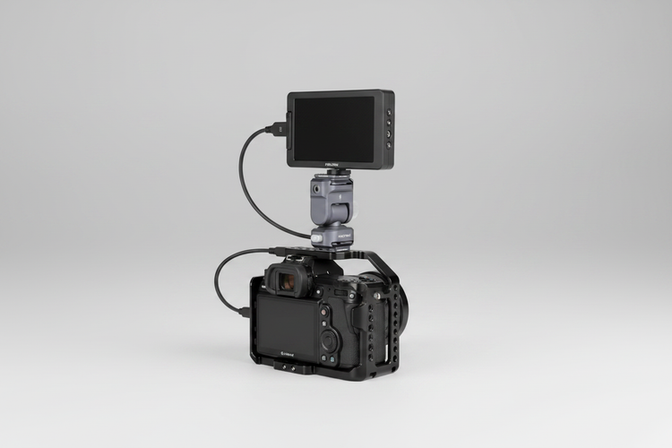 F22 quick-release monitor mount attached to a compact camera rig with a monitor in a studio setting