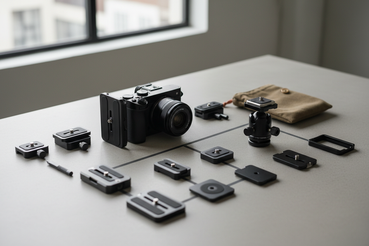 Complete camera quick release system kit including release plates, bases, L-bracket, and tripod ball head for fast gear switching.