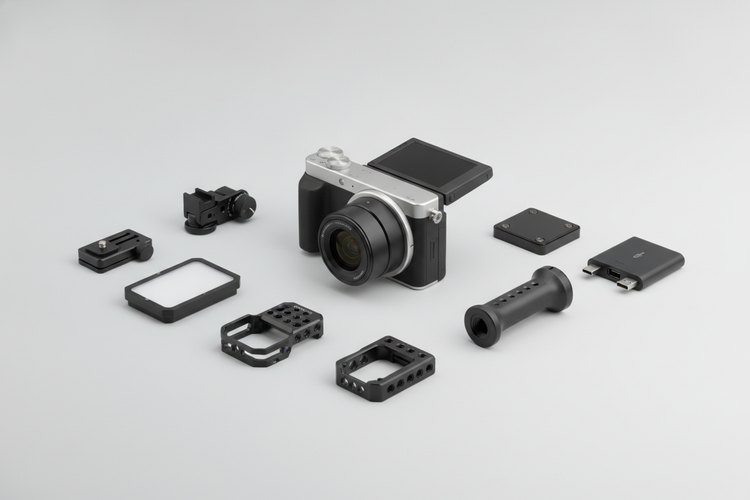 DJI Osmo Pocket accessory compatibility concept showing a handheld camera with several mount-style accessories arranged nearby
