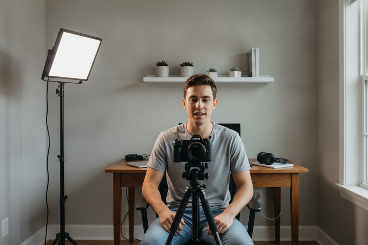 Small room video lighting setup with a subject facing a camera and a soft key light creating gentle shadows in a bedroom studio