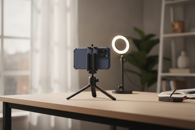 Smartphone mounted horizontally on a mini desktop tripod next to a small LED ring light for live streaming setup.