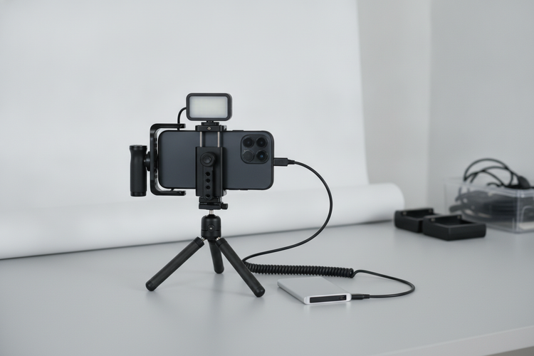 Smartphone video setup with external solid-state drive mounted beside the phone for a long recording session