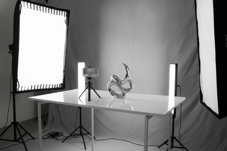 Reflective product video setup with a phone, bright light, and glossy item on a tabletop