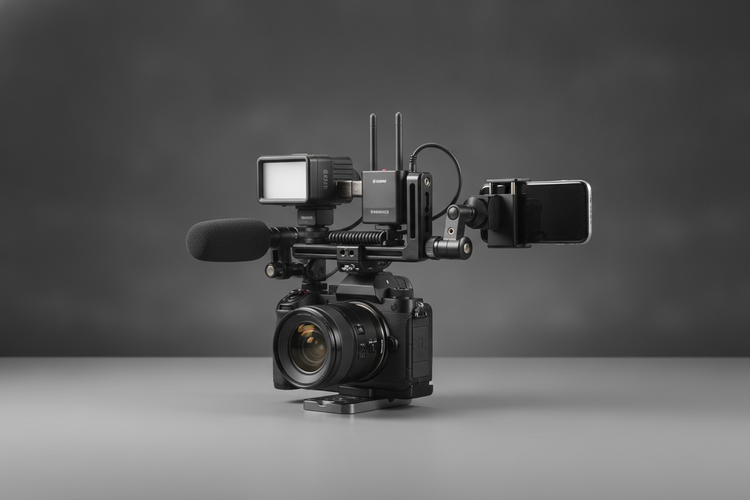 A camera rig with multiple accessories mounted on a cold shoe extension bar, shown as a balanced editorial setup on a tabletop