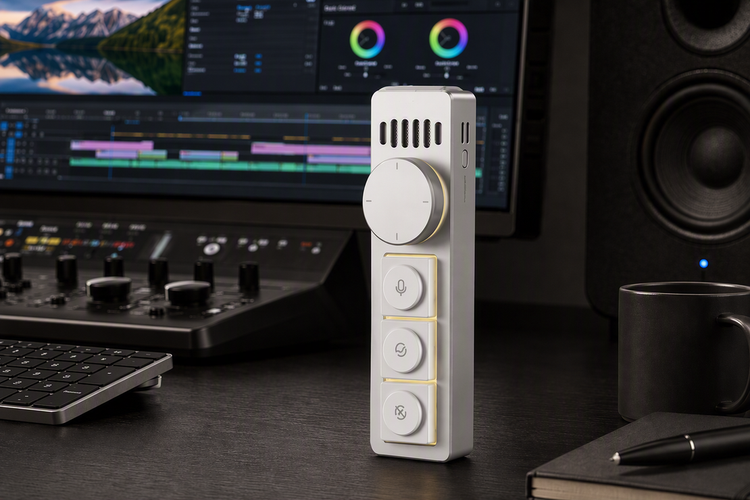 AI voice input keypad presented beside a video editing workstation.