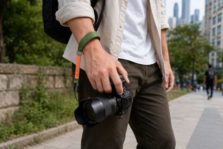 Magnetic quick-release camera wrist strap connected to a mirrorless camera during a street hike