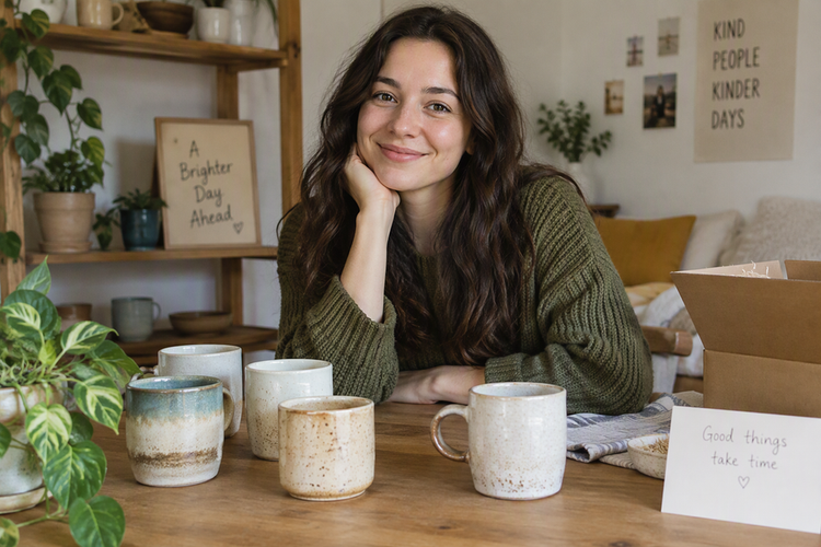 A small-business seller stands behind a table of merchandise in a simple indoor live-sale setting.