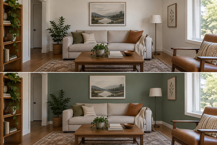 Two matched views of the same simple room show a wall before and after repainting, with the framing, furnishings, and soft ambient light held consistent.