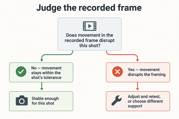 Decision diagram: a recorded frame that stays within the shot’s movement tolerance is stable enough for that shot; distracting movement means adjust and retest or choose different support.