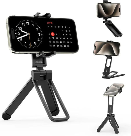 Ulanzi MA26 Foldable Pocket Phone Tripod M007, black, holding phone showing time and June calendar.