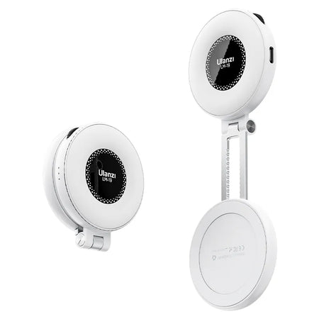 Ulanzi LM19 MagSafe LED Selfie Ring Light - Portable with flip design, white.