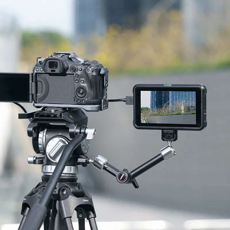 Ulanzi R011a Magic Arm supporting camera and Shinobi monitor on tripod for filming.