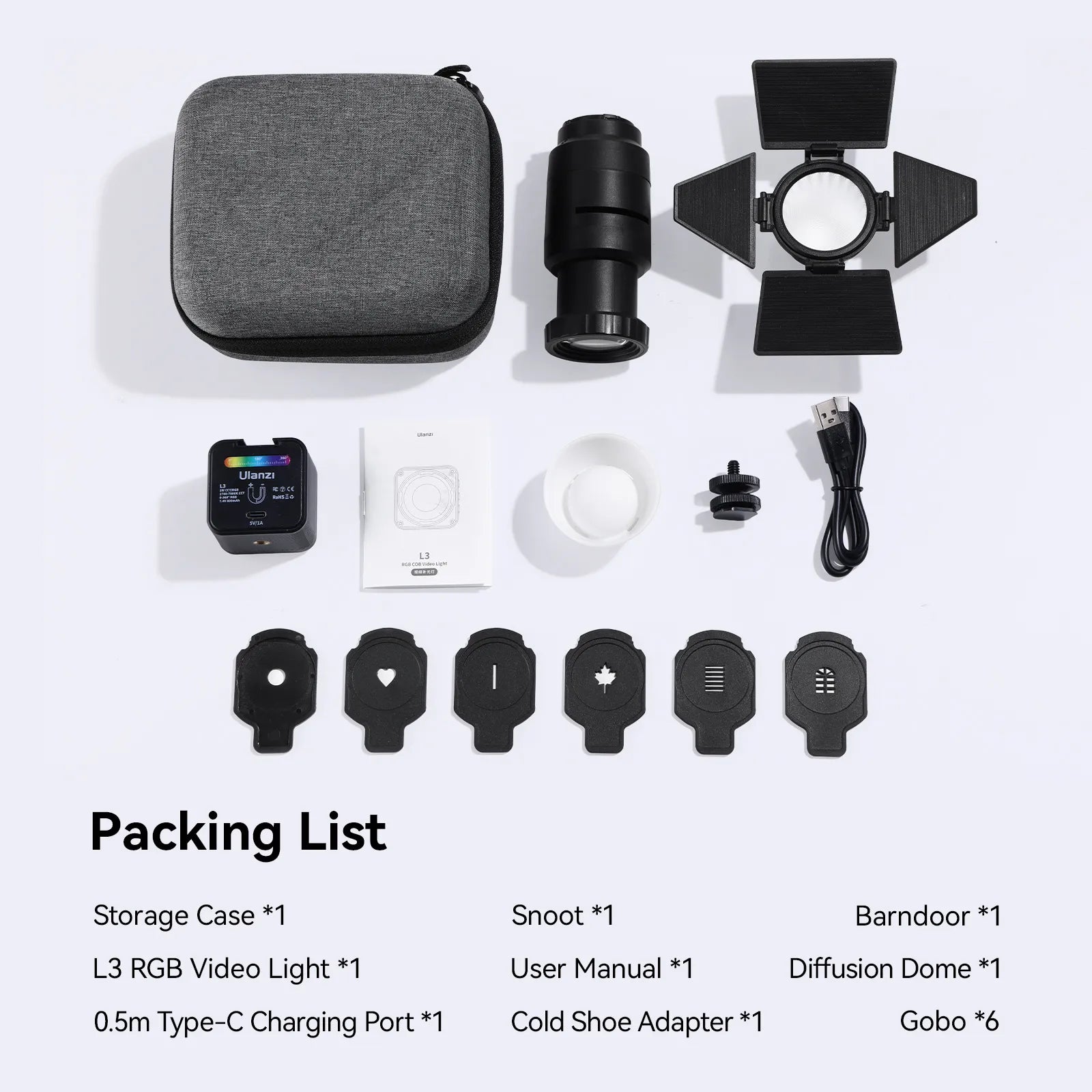 Ulanzi L3 RGB LED light kit, portable and versatile for creative video, with included accessories.