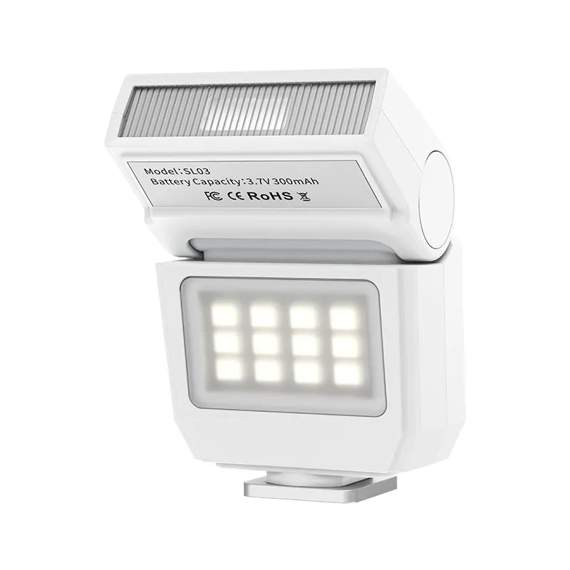 Ulanzi SL03 Spark Lite Camera Flash in white with model details, perfect for content creators.