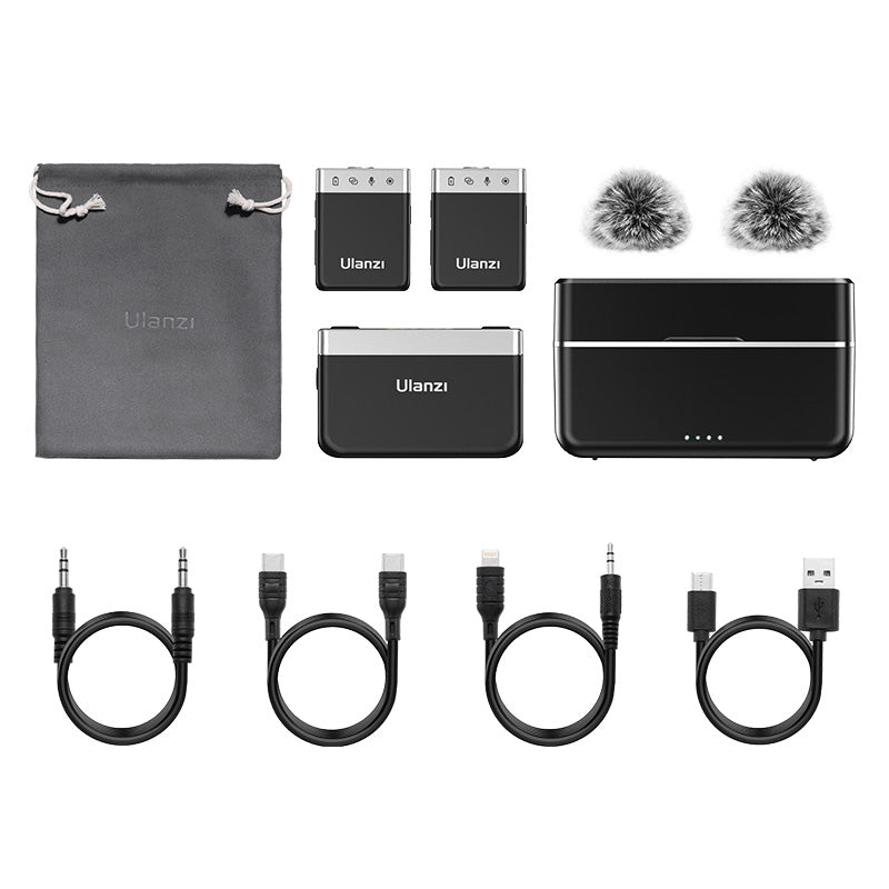 Ulanzi U-Mic AM18 Wireless Lavalier Microphone System complete set with accessories and cables.