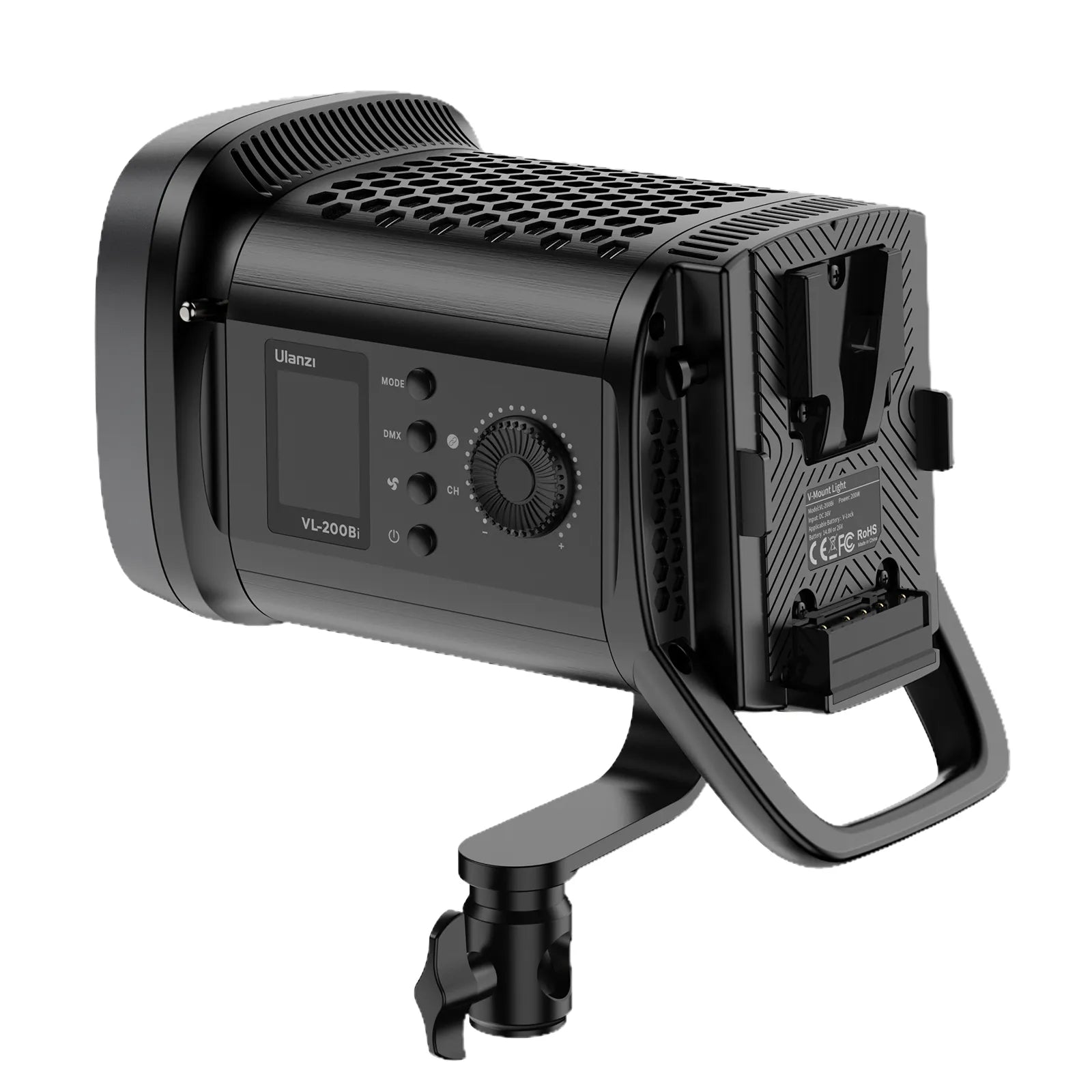 Ulanzi VL-200Bi V-Mount LED Video Light, black, with LCD, Bowens mount for video.