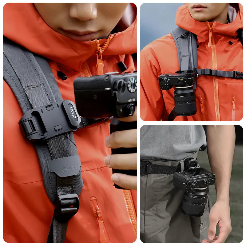 Ulanzi UKA07 Quick-release Kit: Camera secured to backpack and belt; versatile and portable design.