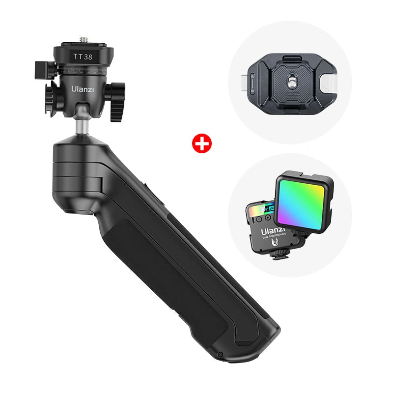Ulanzi TT38 Tripod Combo with RGB Light. Black, one-click opening design for vlogging.