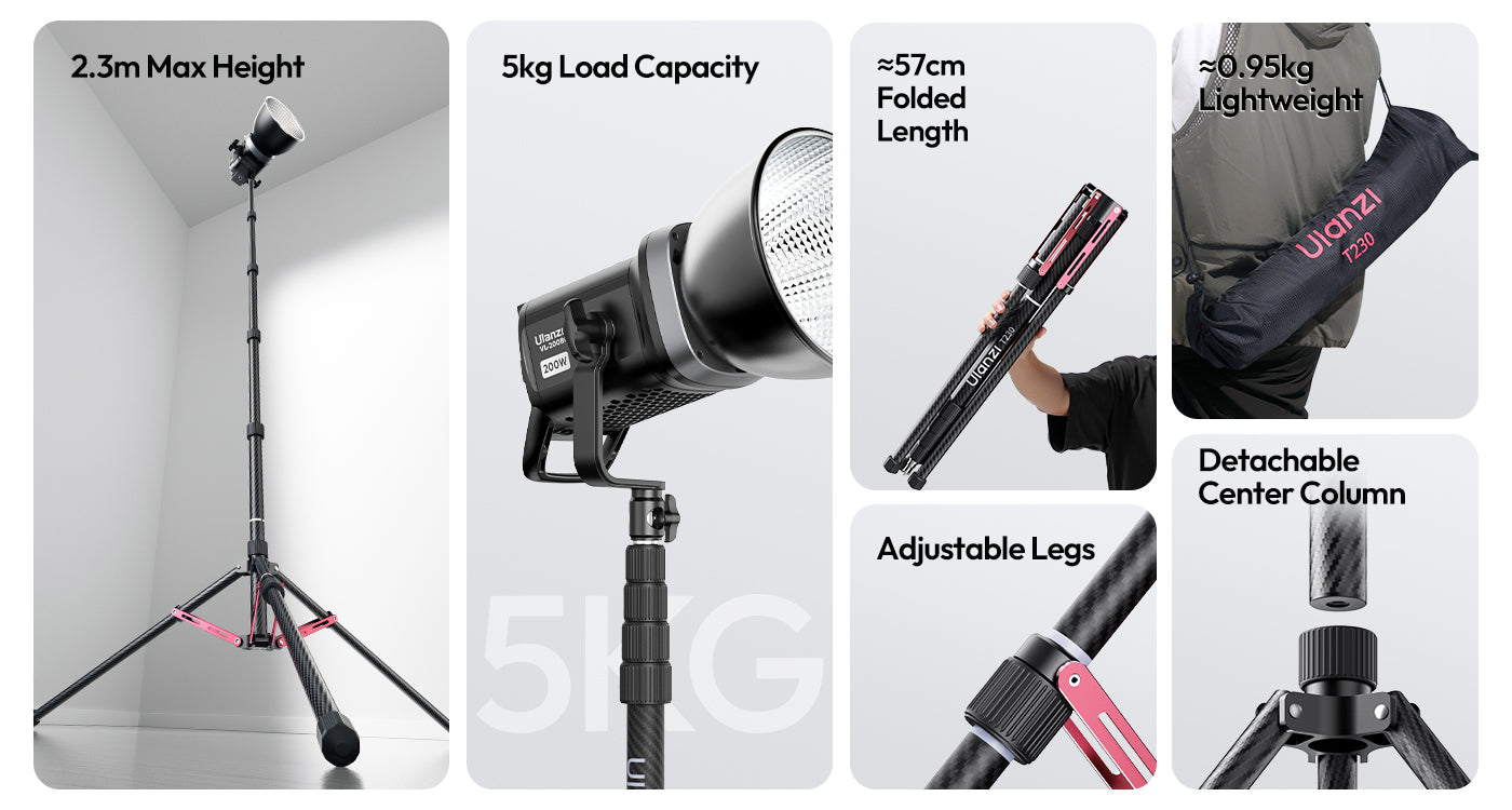 Ulanzi T230 carbon fiber light stand: 2.3m height, 5kg load, 0.95kg lightweight, 57cm folded.