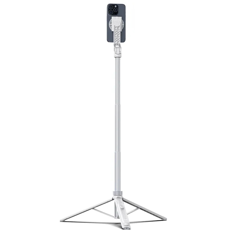 Ulanzi TT88 4-in-1 MagSafe Overhead Selfie Stick T111 with phone attached, white tripod, silver pole.
