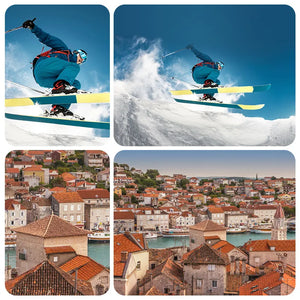 Collage of skier performing ski tricks and scenic coastal town view.