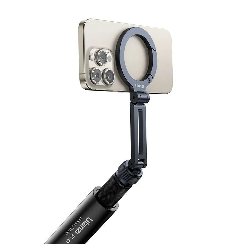 Ulanzi MA07 Maglock Phone Mount holding iPhone, adjustable design, and black tripod.