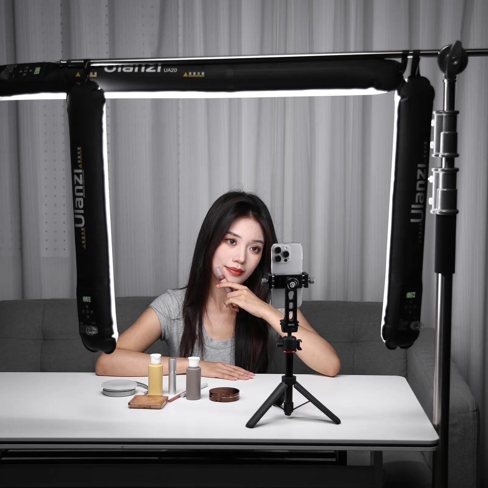 Ulanzi UA20 portable air tube lights setup for makeup tutorial, soft lighting.