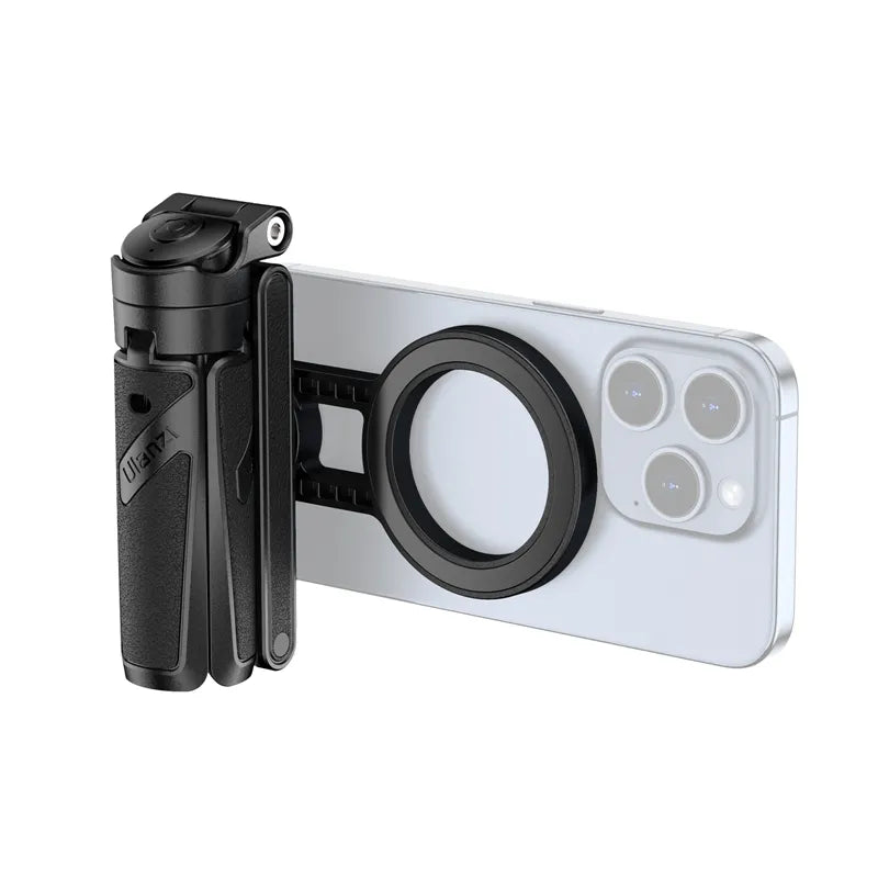 Ulanzi JJ03 magnetic phone tripod attached to phone, black. 360° rotation, perfect for creators.