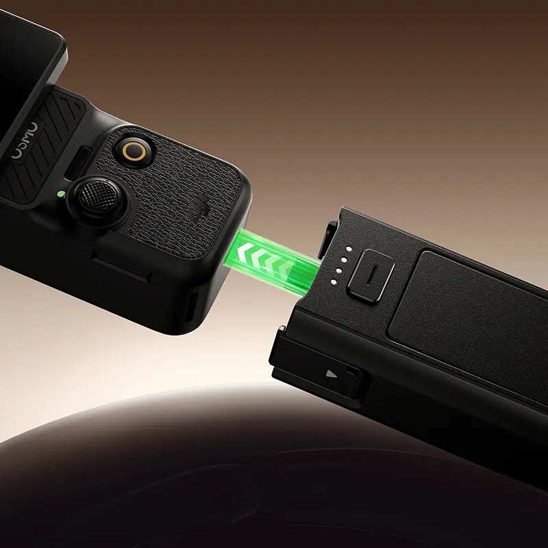 Ulanzi PK-12 Mini Quadpod Battery Handle for Pocket 3 showing battery connection, black design.