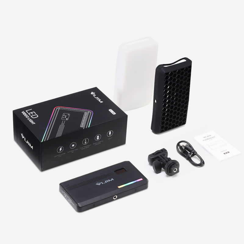 VIJIM VL196 LED Video Light Kit, including light, honeycomb frame, soft light board and accessories.