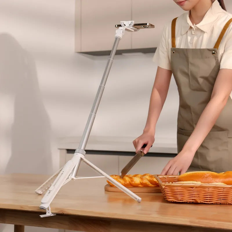 Ulanzi TT88 Overhead Selfie Stick filming cooking, with phone above bread.