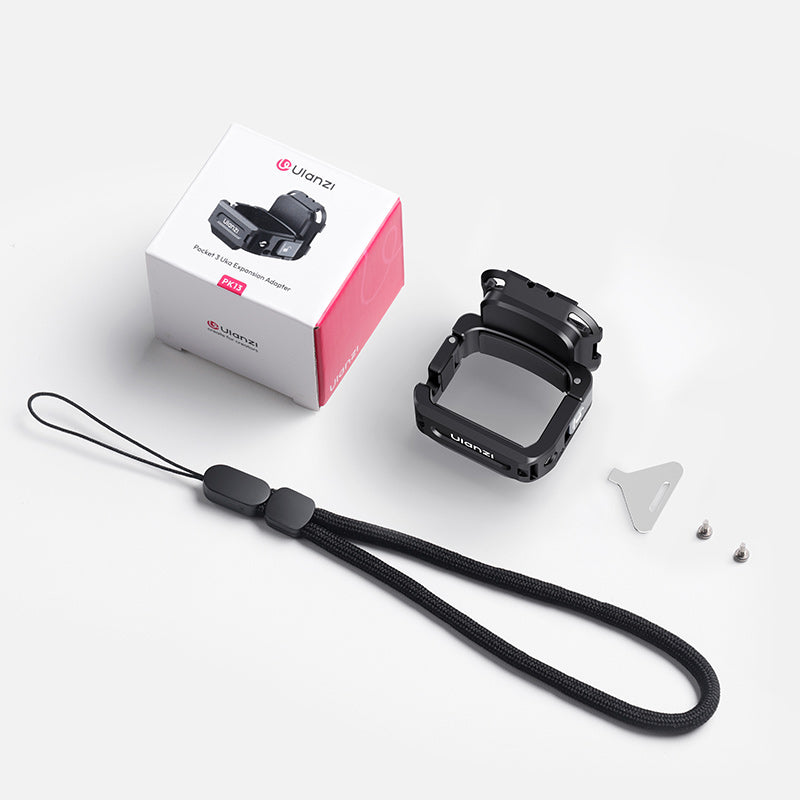 Ulanzi PK13 Pocket 3 Uka Quick-Release Expansion Adapter with box, wrist strap, and accessories.