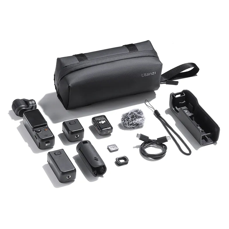 Ulanzi PK-04 carrying bag for DJI Osmo Pocket 3, with accessories, black, organized storage.