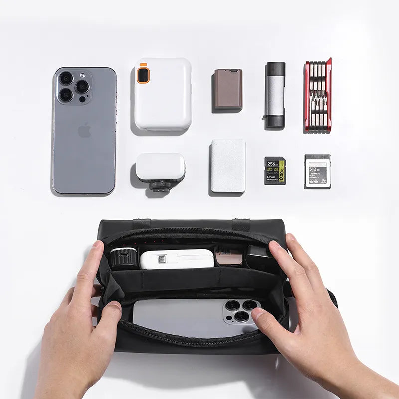 Ulanzi PK-04 Carrying Bag with accessories, black, organized storage for DJI Osmo Pocket 3 and more.