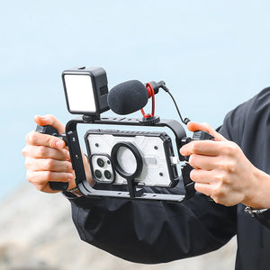 Ulanzi MG-001 Magnetic Phone Cage C001 with phone, light, and microphone for mobile filmmaking.