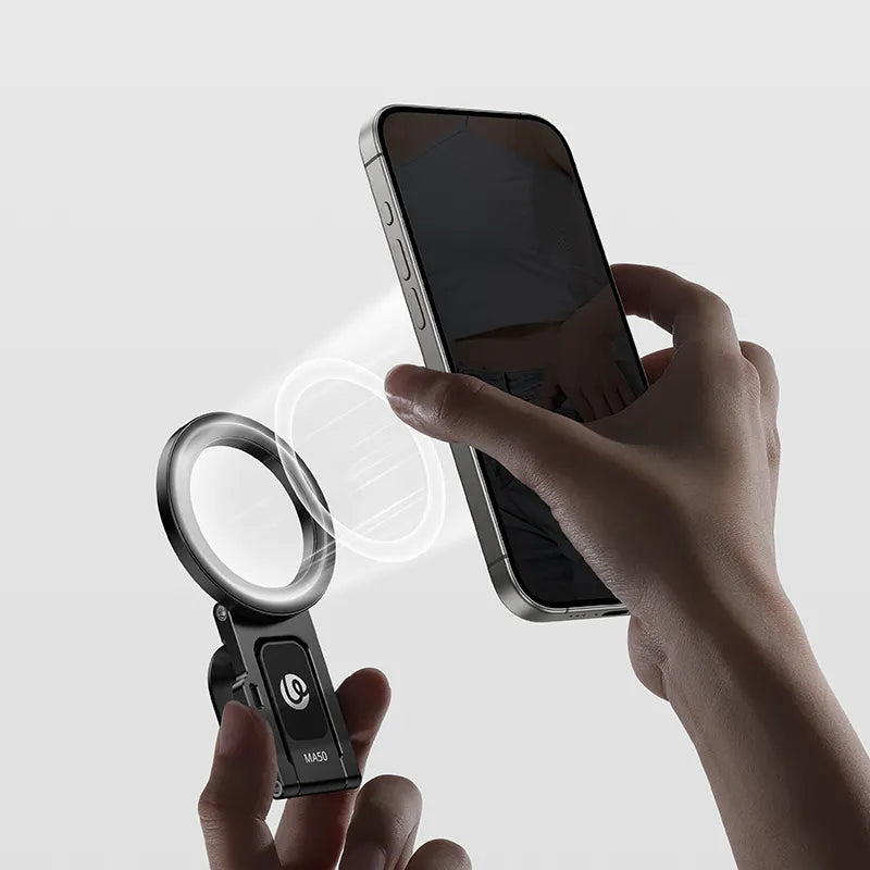 Ulanzi MA50 Uka Magnetic Phone Holder - Black, with LED light and iPhone.