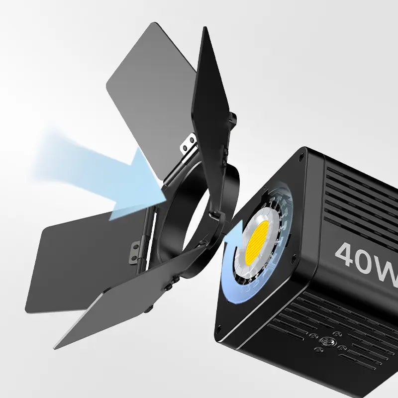 Ulanzi 4-Leaf Barndoors with 40W video light, mini Bowens mount for light shaping.