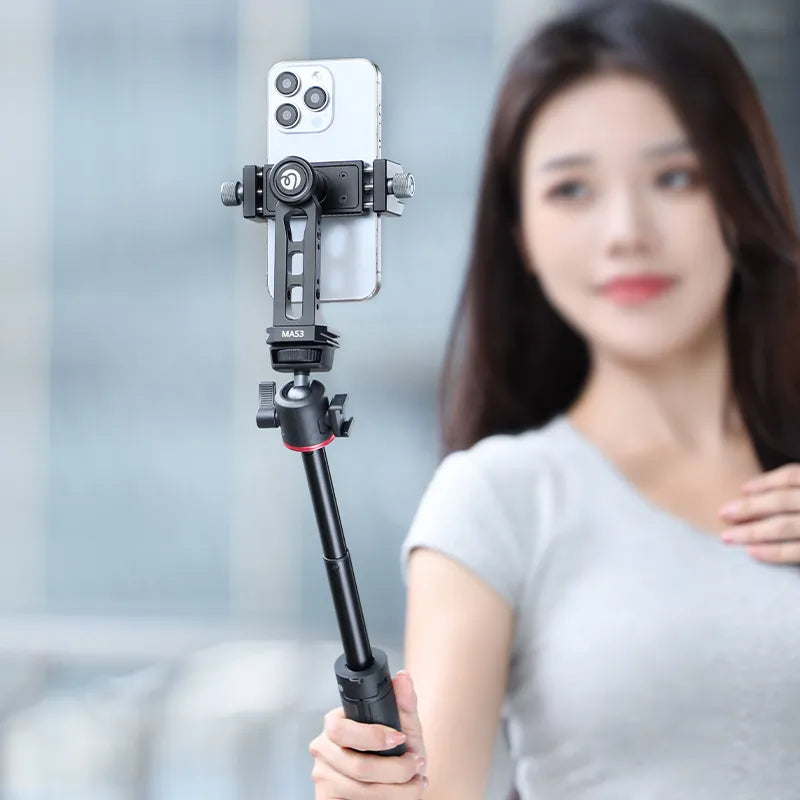 Ulanzi MA53 Arca Swiss Phone Mount M028 - Black phone holder on a selfie stick, for content creation.