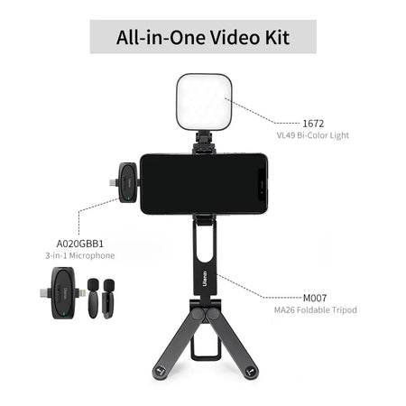 Ulanzi MA26 Foldable Phone Tripod Kit with Light and Microphone.