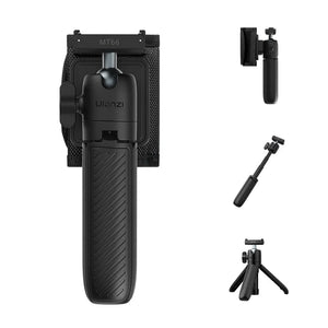 Ulanzi MT66 tripod with a shoulder strap mount, alongside illustrations of the tripod in its compact, extended (selfie stick), and tabletop configurations.