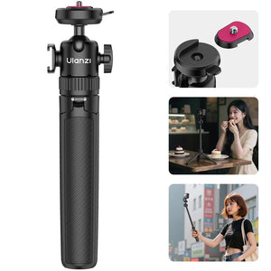 Ulanzi MT90 quick-release tripod showcasing its design and versatility as both a tabletop tripod and a handheld selfie stick.