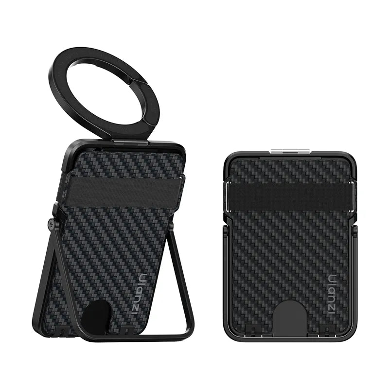 Ulanzi ML25 wallet with MagLock carabiner extended and foldable stand.