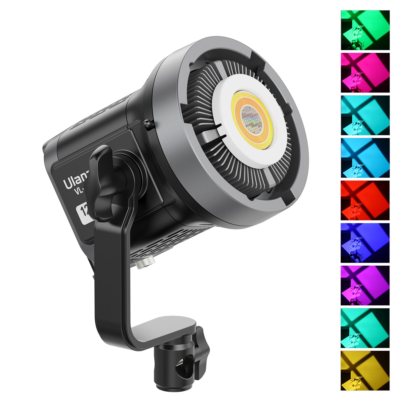 Ulanzi VL-120 Bi-color / RGB V-Mount Video Light showcasing color temperature and lighting effects.