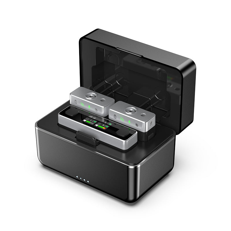 Ulanzi U-Mic AM18 Wireless Lavalier Microphone System, with charging case, microphones and receiver.