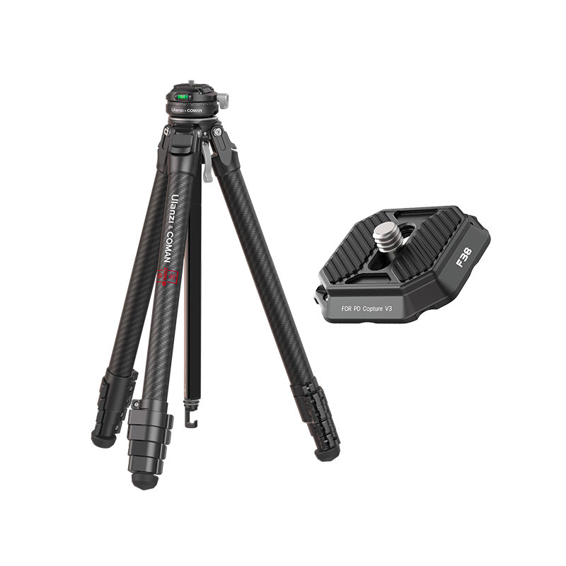 Ulanzi Zero F38 Travel Tripod with F38 quick release plate, carbon fiber, compact design, black.